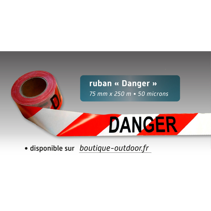 Rubalise plastique rouge et blanche avec mention "danger"75mm*250m